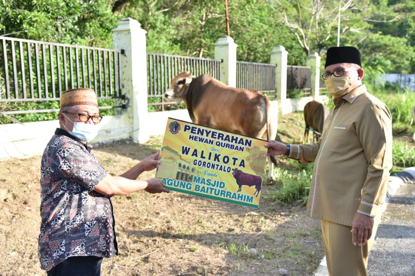 Wali Kota Gorontalo, Marten Taha secara simbolis membagikan hewan kurban kepada badan takmirul mesjid di Kota Gorontalo/Humas Pemkot