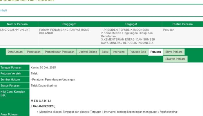 PTUN Jakarta Putuskan Gugatan Penambang Terhadap PT Gorontalo Minerals Tidak Diterima