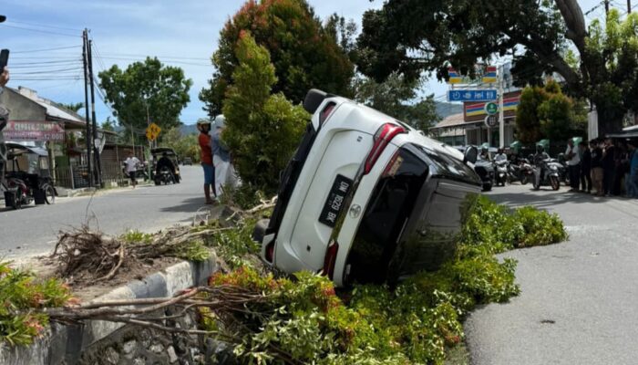Gegara Kabel Menjuntai, Fortuner Tabrak Pohon hingga Terguling di Gorontalo
