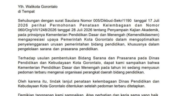 Pemprov Sebut Kemendikdasmen Tolak Usulan Pembentukan Bidang Sarpras Disdikbud Kota Gorontalo